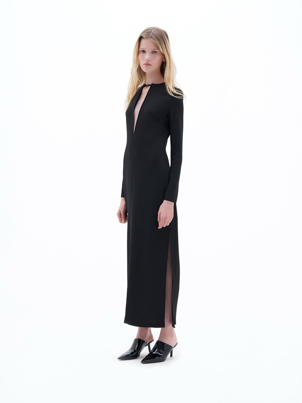 Black Long-Sleeve Maxi Dress With V Shaped Keyhole Front